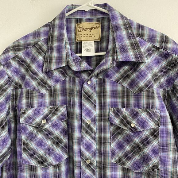 Wrangler Western Shirt Mens XL Purple Black White Blue Plaid Snap Button Front - Picture 6 of 13